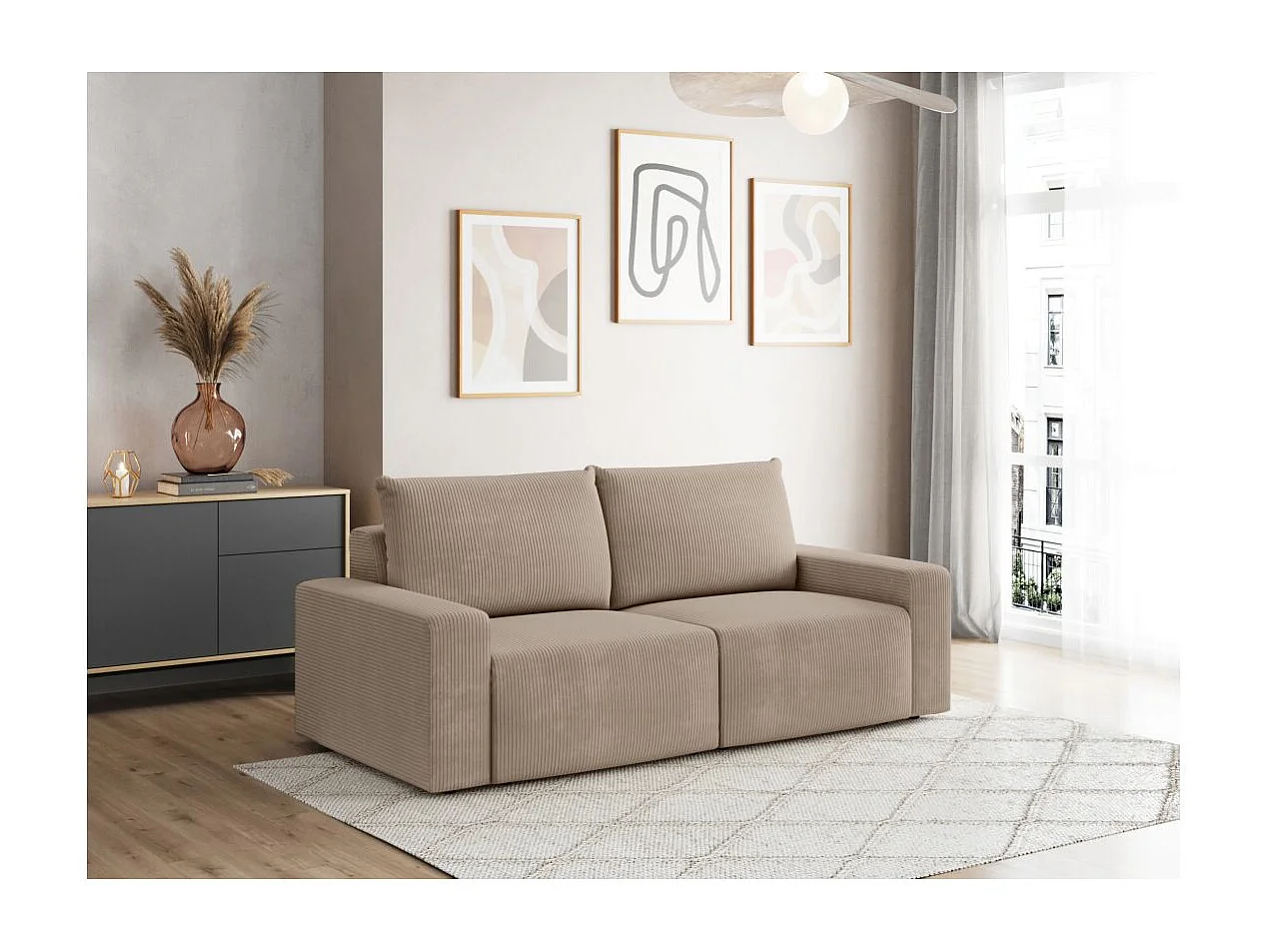 Canapé droit fixe 2 places ROMANE en velours côtelé - Taupe