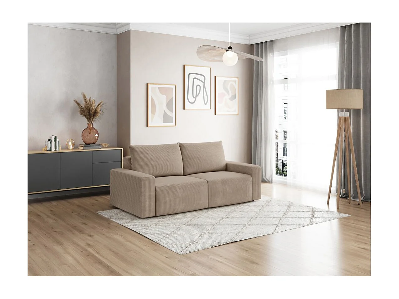 Canapé droit fixe 2 places ROMANE en velours côtelé - Taupe