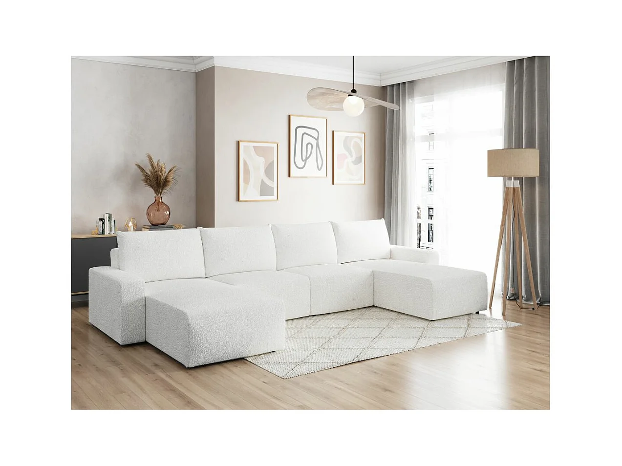 Canapé panoramique fixe 6 places ROMANE en tissu bouclette - Blanc