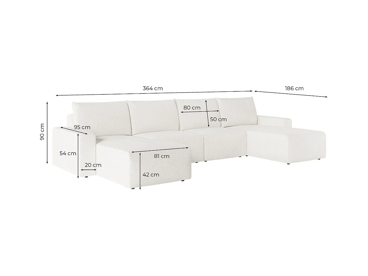 Canapé panoramique fixe 6 places ROMANE en tissu bouclette - Blanc