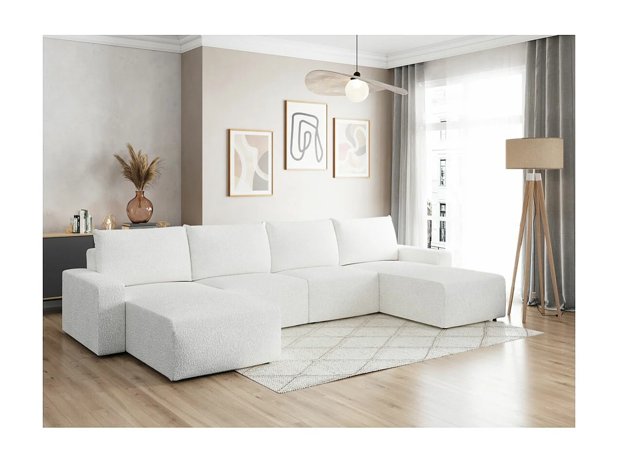 Canapé panoramique fixe 6 places ROMANE en tissu bouclette - Blanc