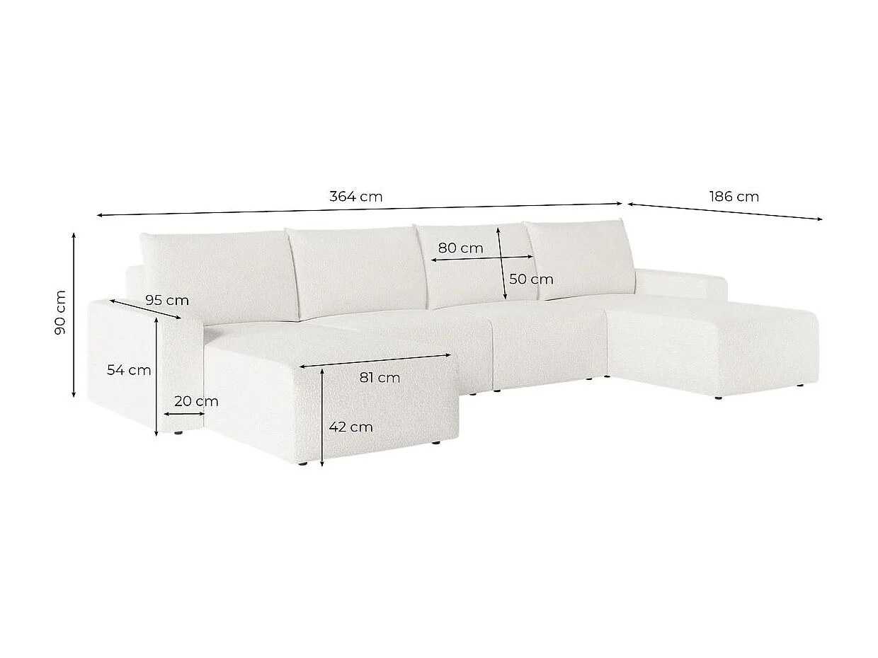 Canapé panoramique fixe 6 places ROMANE en tissu bouclette - Blanc