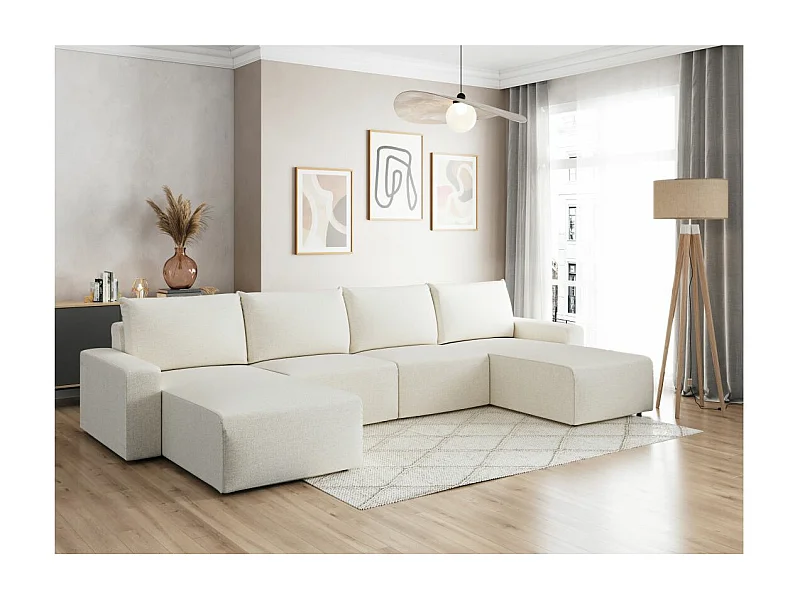 Canapé panoramique fixe 6 places ROMANE en tissu Easy Clean antitache - Beige