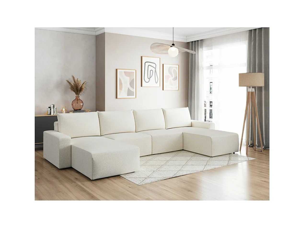 Canapé panoramique fixe 6 places ROMANE en tissu Easy Clean antitache - Beige