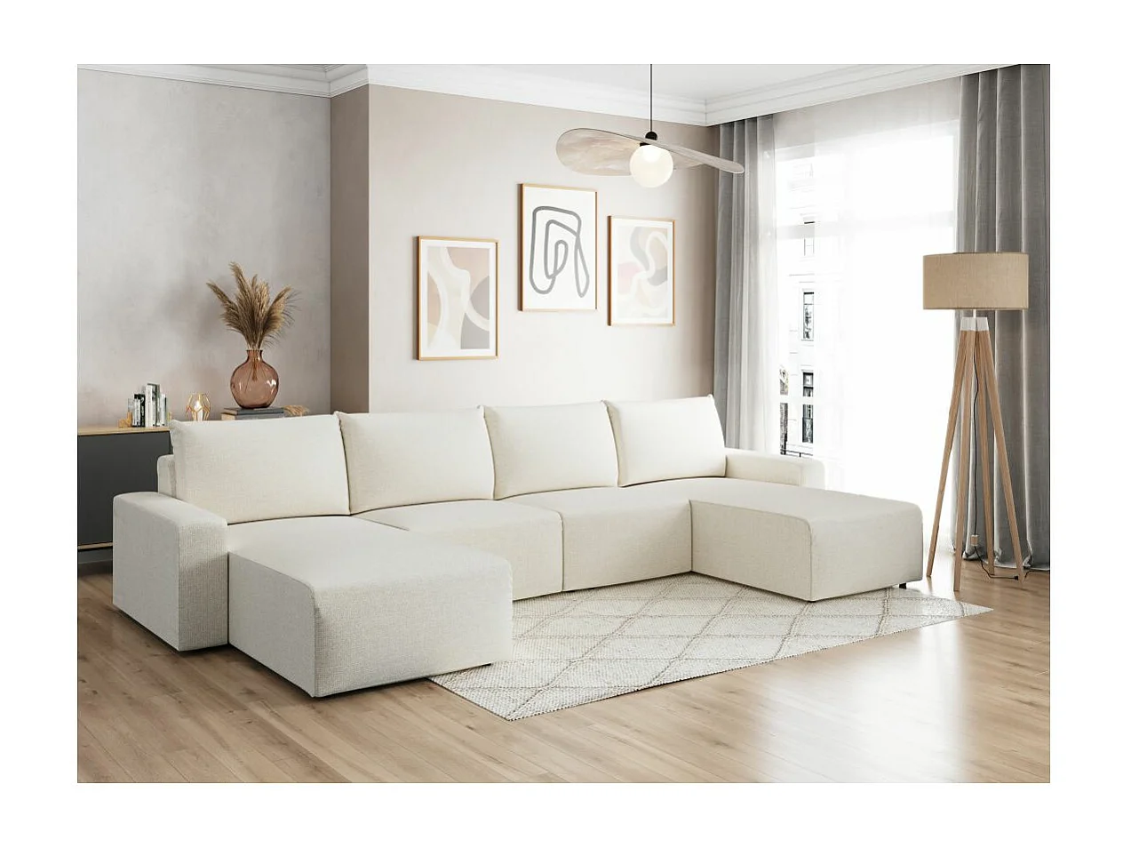 Canapé panoramique fixe 6 places ROMANE en tissu Easy Clean antitache - Beige