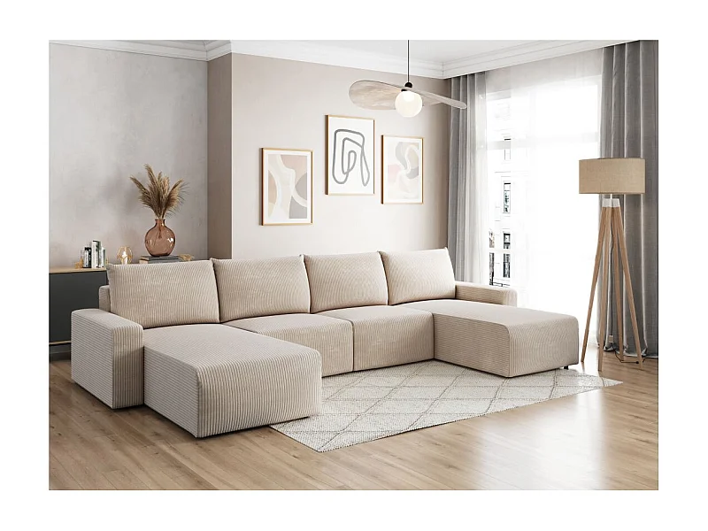 Canapé panoramique fixe 6 places ROMANE en velours côtelé - Beige