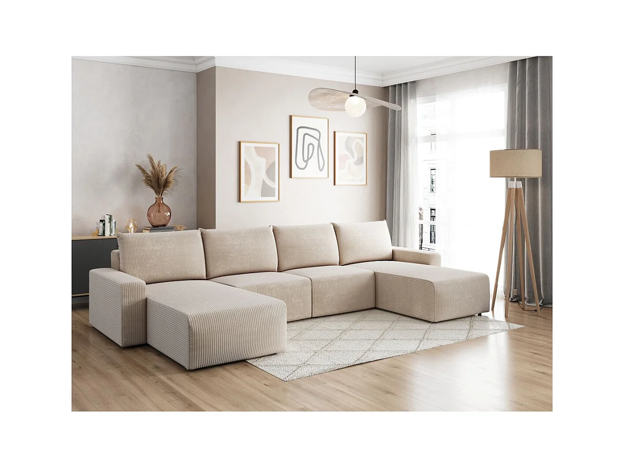 Canapé panoramique fixe 6 places ROMANE en velours côtelé - Beige