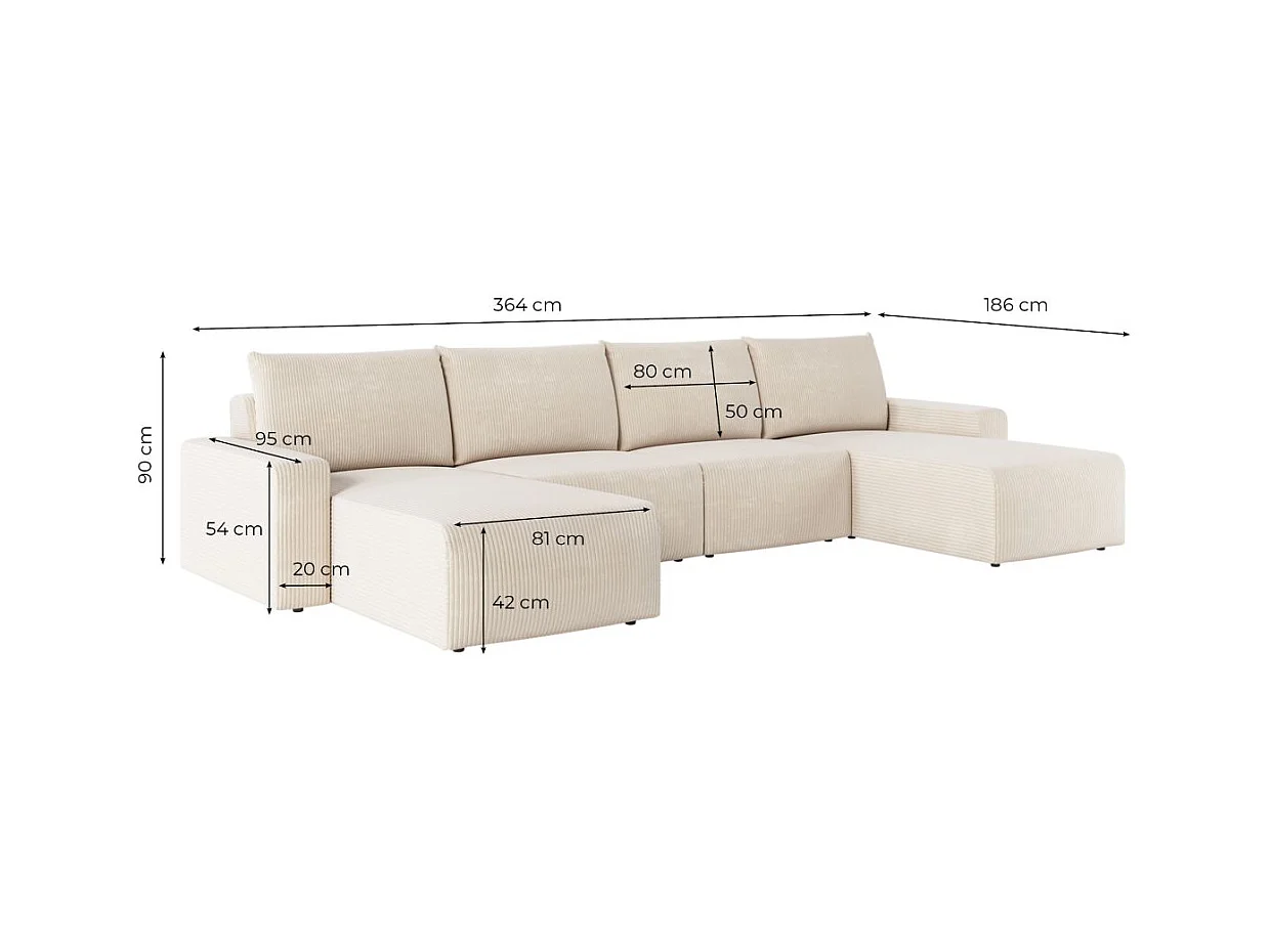 Canapé panoramique fixe 6 places ROMANE en velours côtelé - Beige