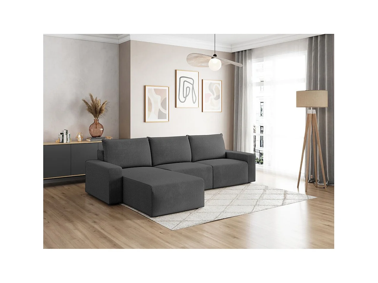 Canapé d'angle réversible 4 places ROMANE en velours côtelé - Gris