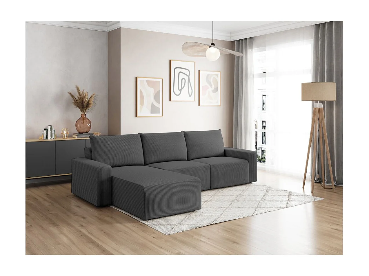 Canapé d'angle réversible 4 places ROMANE en velours côtelé - Gris