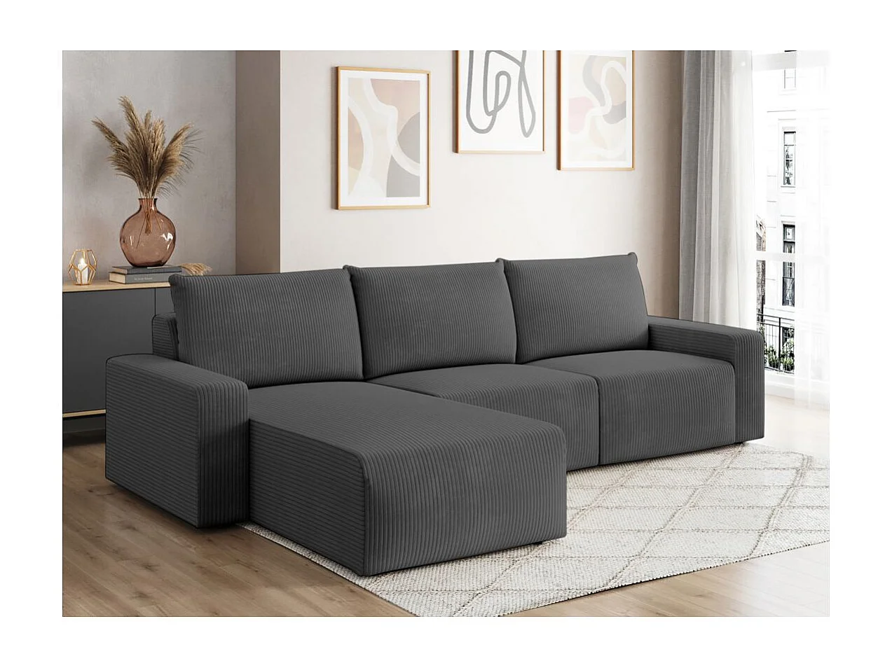 Canapé d'angle réversible 4 places ROMANE en velours côtelé - Gris