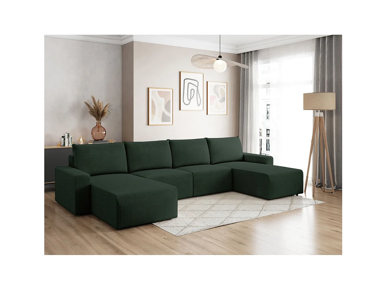 Canapé panoramique fixe 6 places ROMANE en velours côtelé - Vert foncé