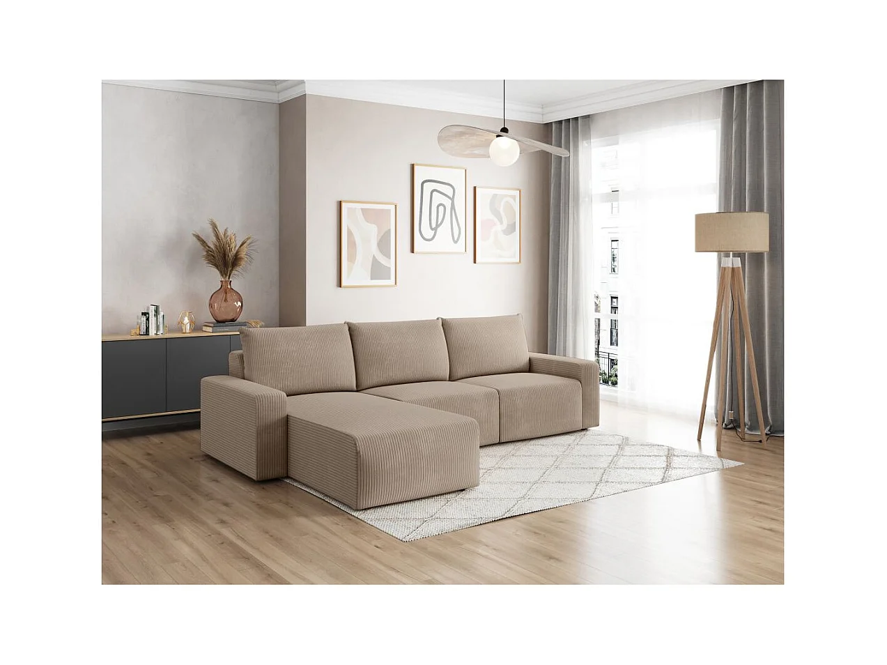 Canapé d'angle réversible 4 places ROMANE en velours côtelé - Taupe