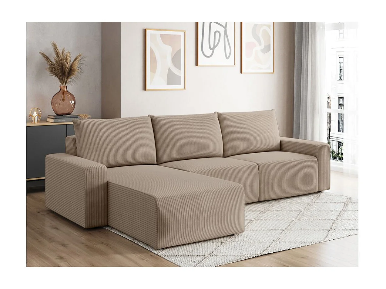 Canapé d'angle réversible 4 places ROMANE en velours côtelé - Taupe