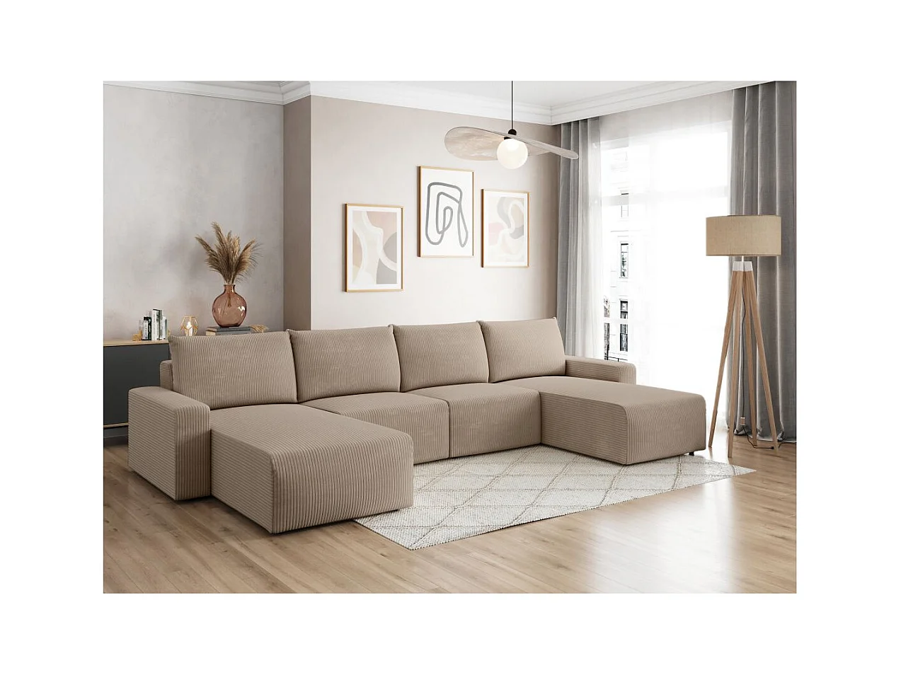 Canapé panoramique fixe 6 places ROMANE en velours côtelé - Taupe