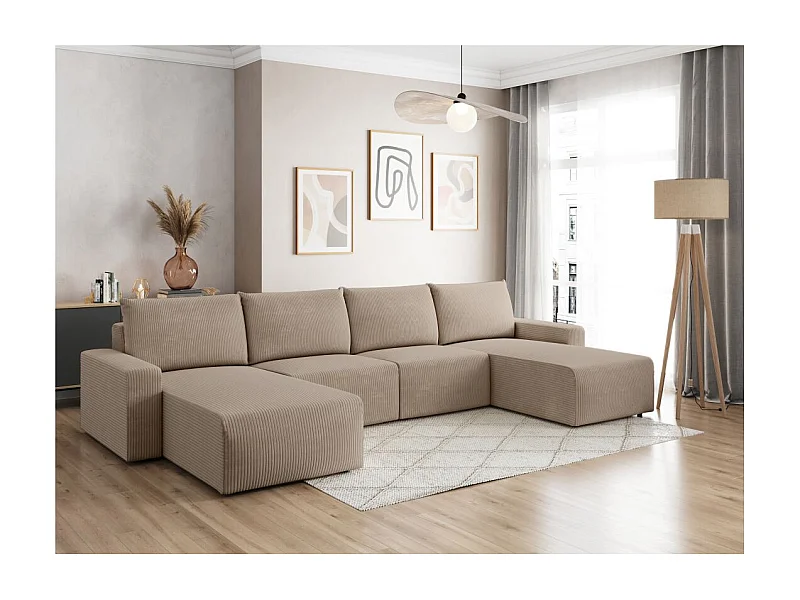Canapé panoramique fixe 6 places ROMANE en velours côtelé - Taupe