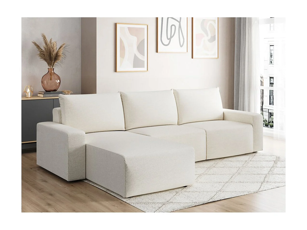Canapé d'angle réversible 4 places ROMANE en tissu Easy Clean antitache - Beige