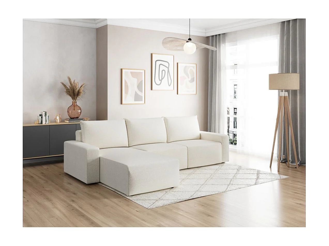 Canapé d'angle réversible 4 places ROMANE en tissu Easy Clean antitache - Beige