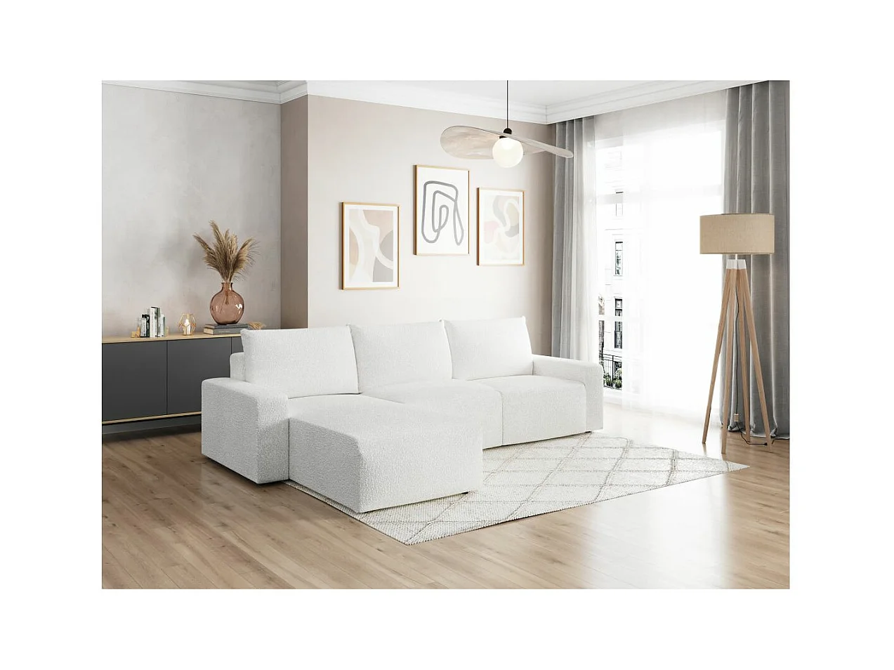 Canapé d'angle réversible 4 places ROMANE en tissu bouclette - Blanc