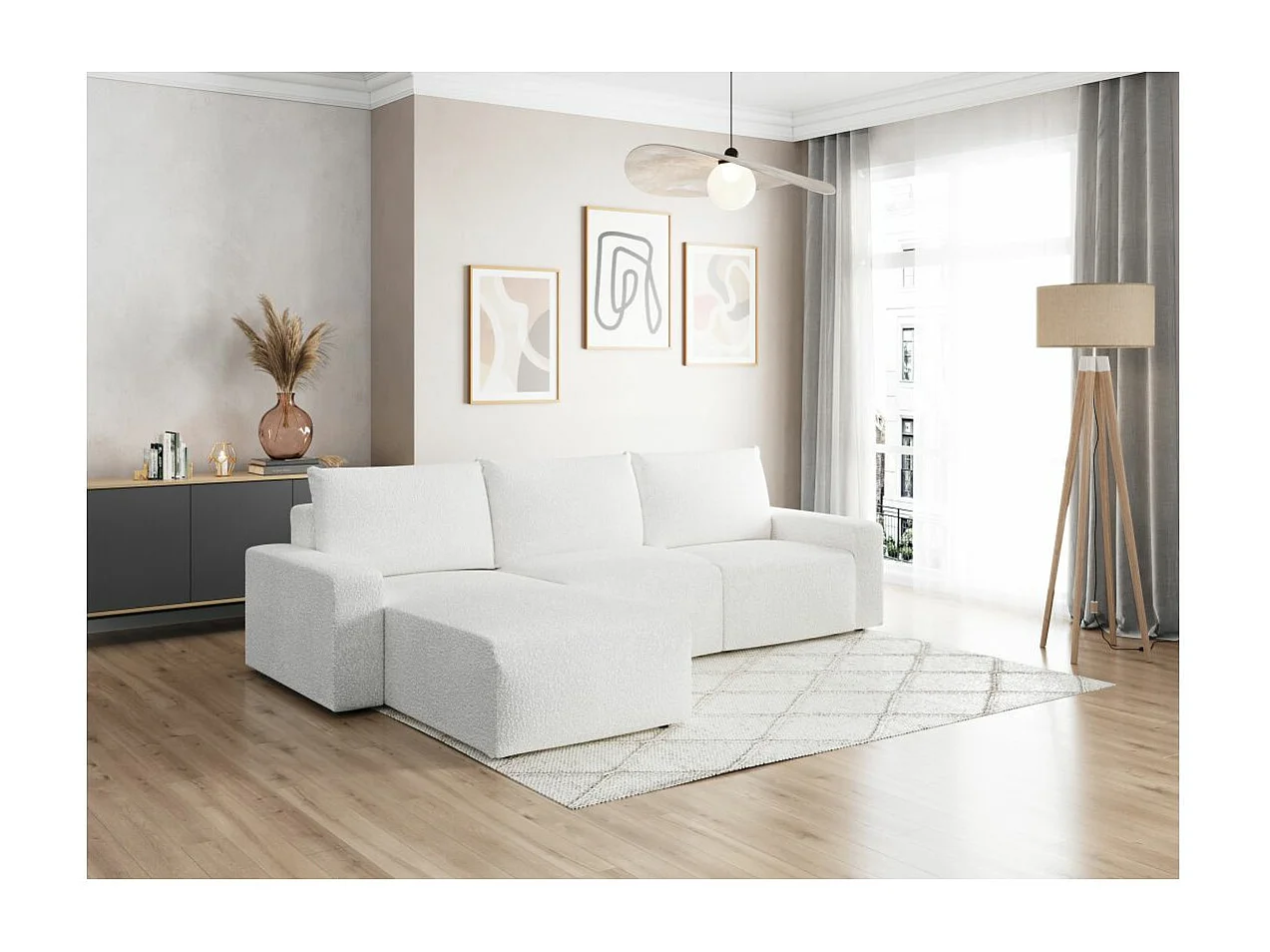 Canapé d'angle réversible 4 places ROMANE en tissu bouclette - Blanc