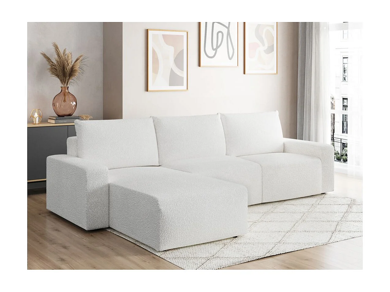 Canapé d'angle réversible 4 places ROMANE en tissu bouclette - Blanc