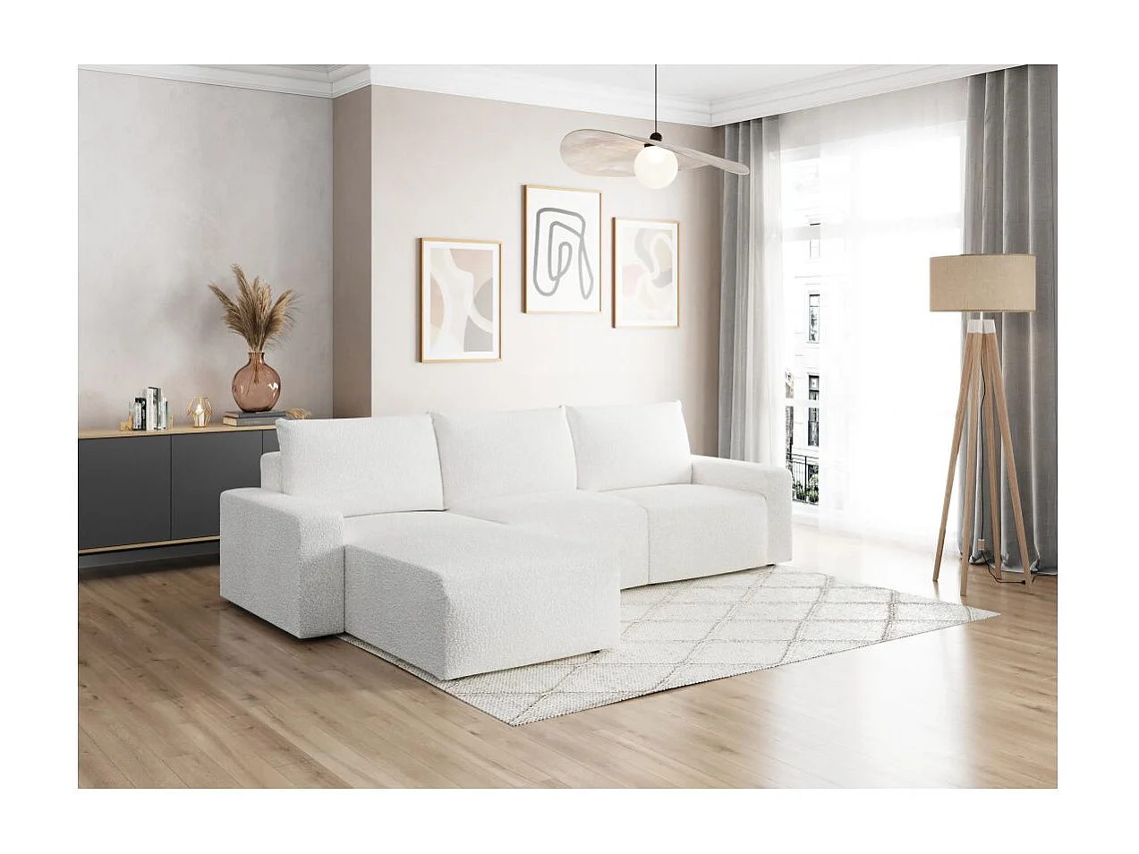Canapé d'angle réversible 4 places ROMANE en tissu bouclette - Blanc