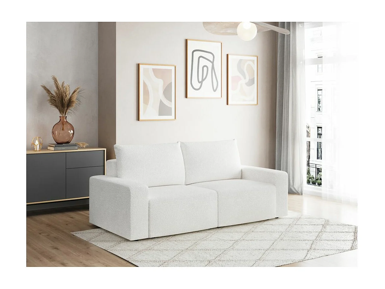 Canapé droit fixe 2 places ROMANE en tissu bouclette - Blanc