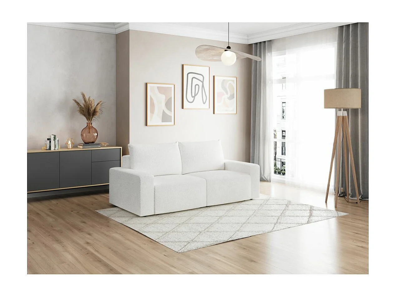 Canapé droit fixe 2 places ROMANE en tissu bouclette - Blanc