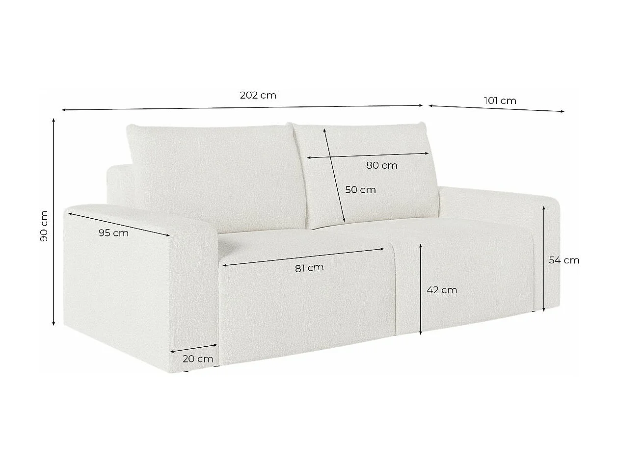 Canapé droit fixe 2 places ROMANE en tissu bouclette - Blanc