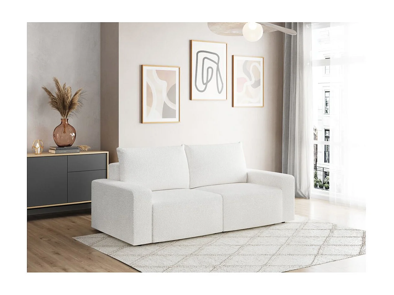 Canapé droit fixe 2 places ROMANE en tissu bouclette - Blanc