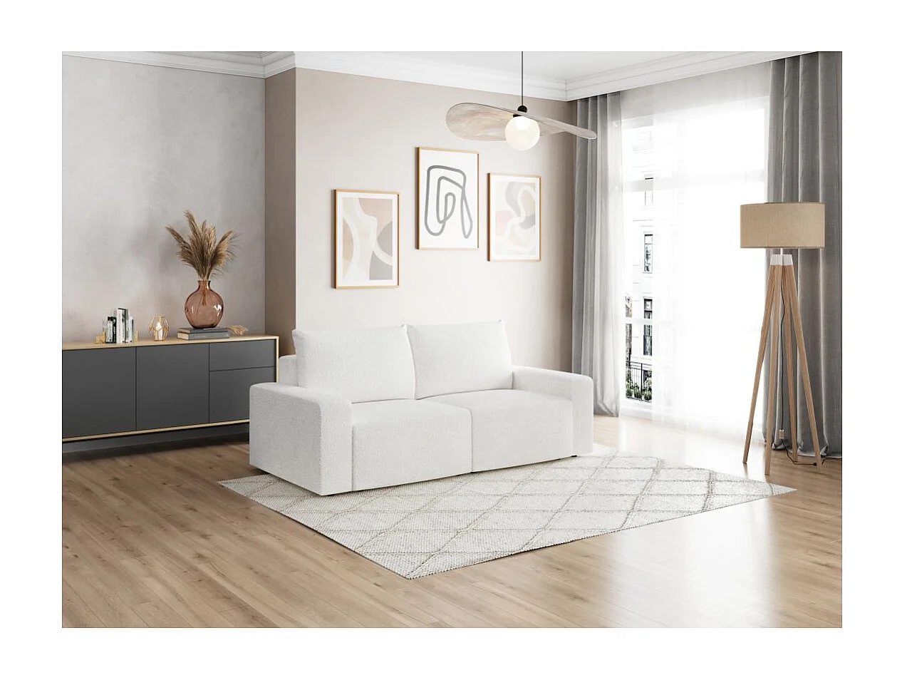 Canapé droit fixe 2 places ROMANE en tissu bouclette - Blanc