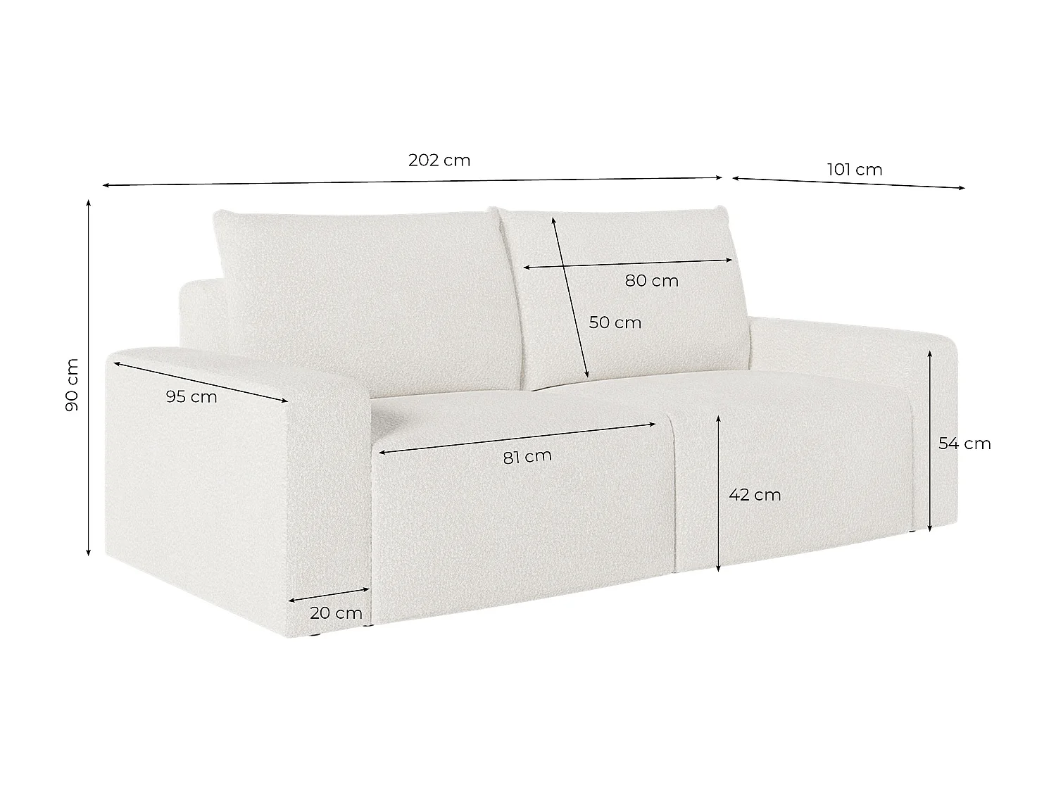 Canapé droit fixe 2 places ROMANE en tissu bouclette - Blanc