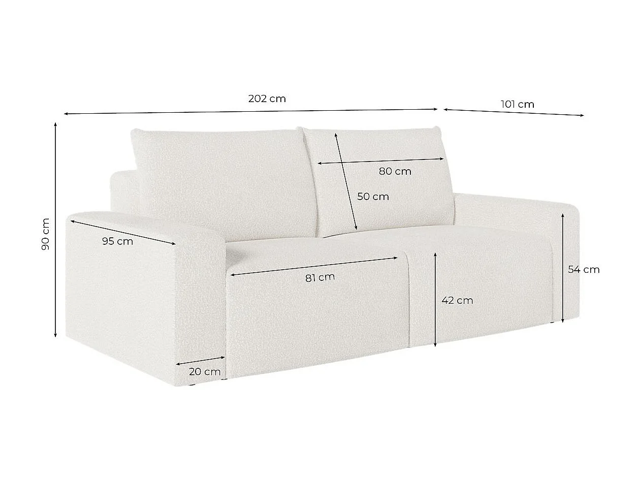 Canapé droit fixe 2 places ROMANE en tissu bouclette - Blanc