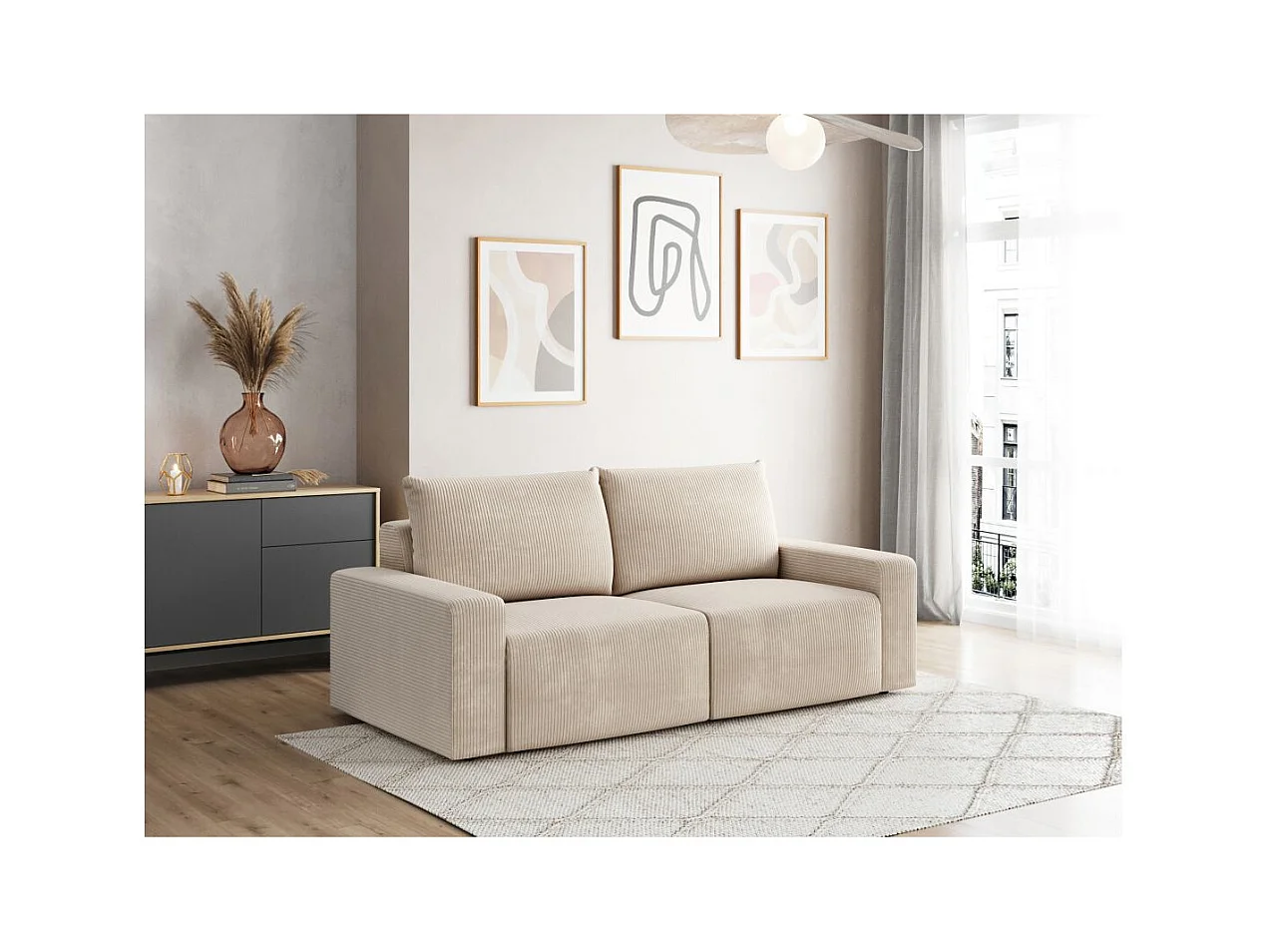 Canapé droit fixe 2 places ROMANE en velours côtelé - Beige