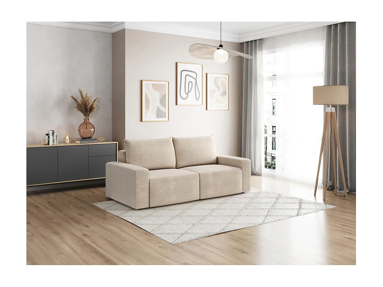 Canapé droit fixe 2 places ROMANE en velours côtelé - Beige