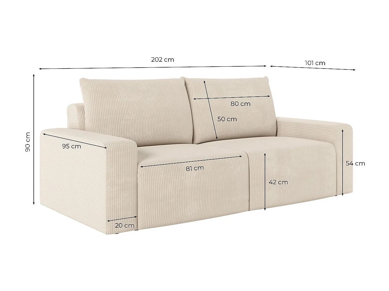 Canapé droit fixe 2 places ROMANE en velours côtelé - Beige