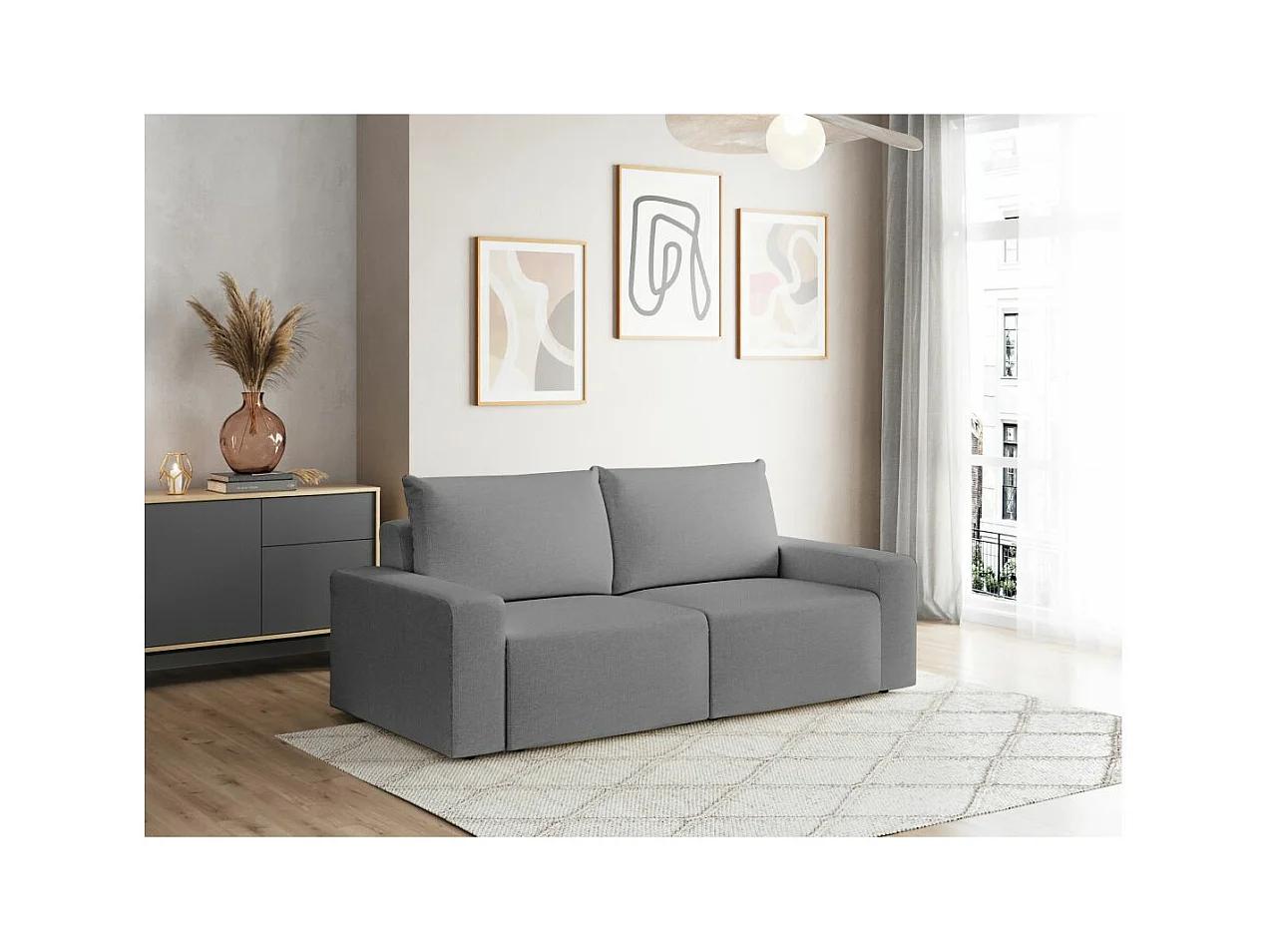 Canapé droit fixe 2 places ROMANE en tissu Easy Clean antitache - Gris