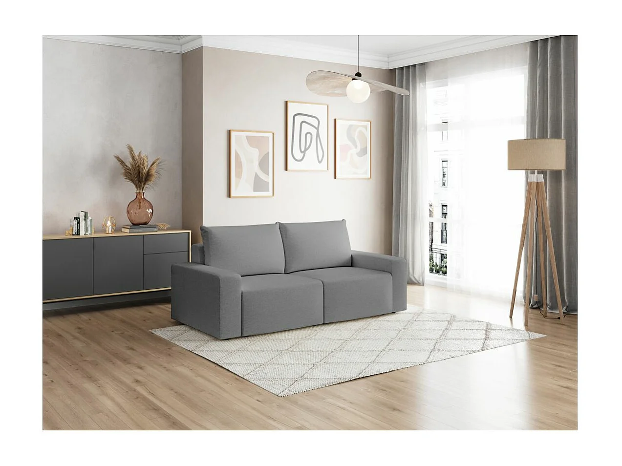 Canapé droit fixe 2 places ROMANE en tissu Easy Clean antitache - Gris