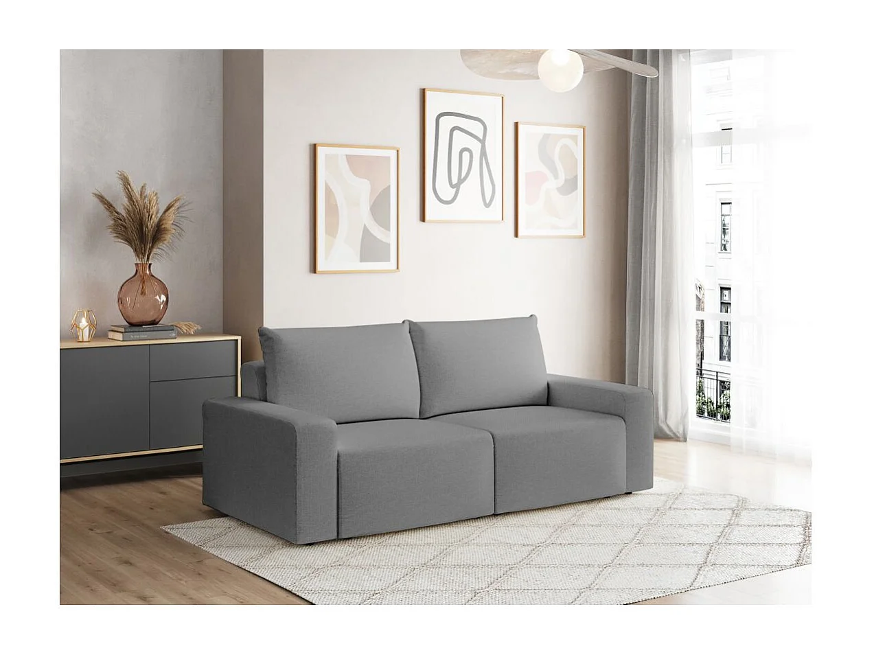 Canapé droit fixe 2 places ROMANE en tissu Easy Clean antitache - Gris
