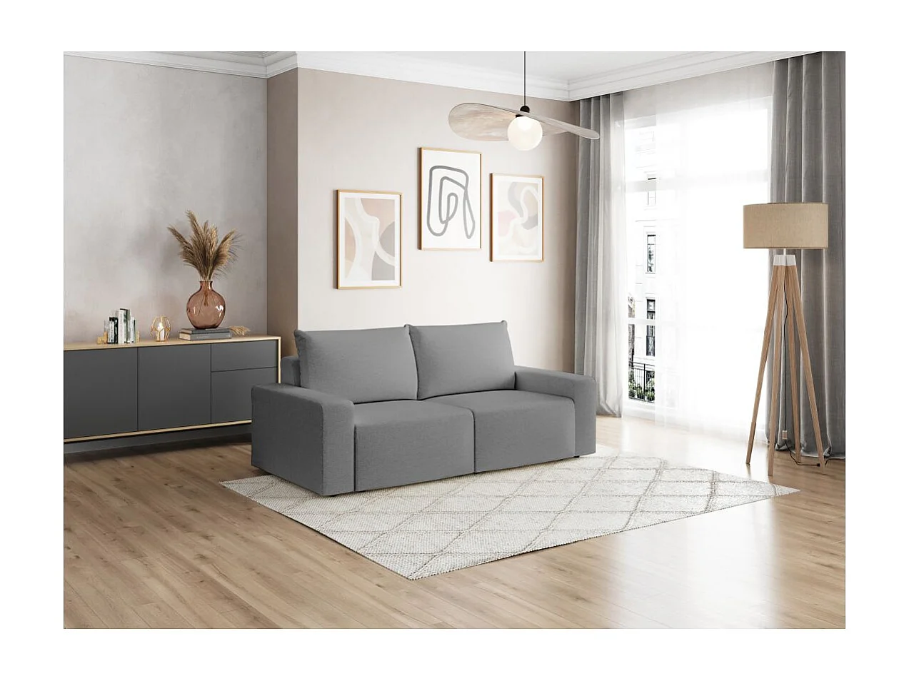 Canapé droit fixe 2 places ROMANE en tissu Easy Clean antitache - Gris