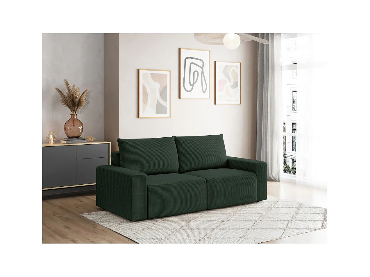 Canapé droit fixe 2 places ROMANE en velours côtelé - Vert foncé