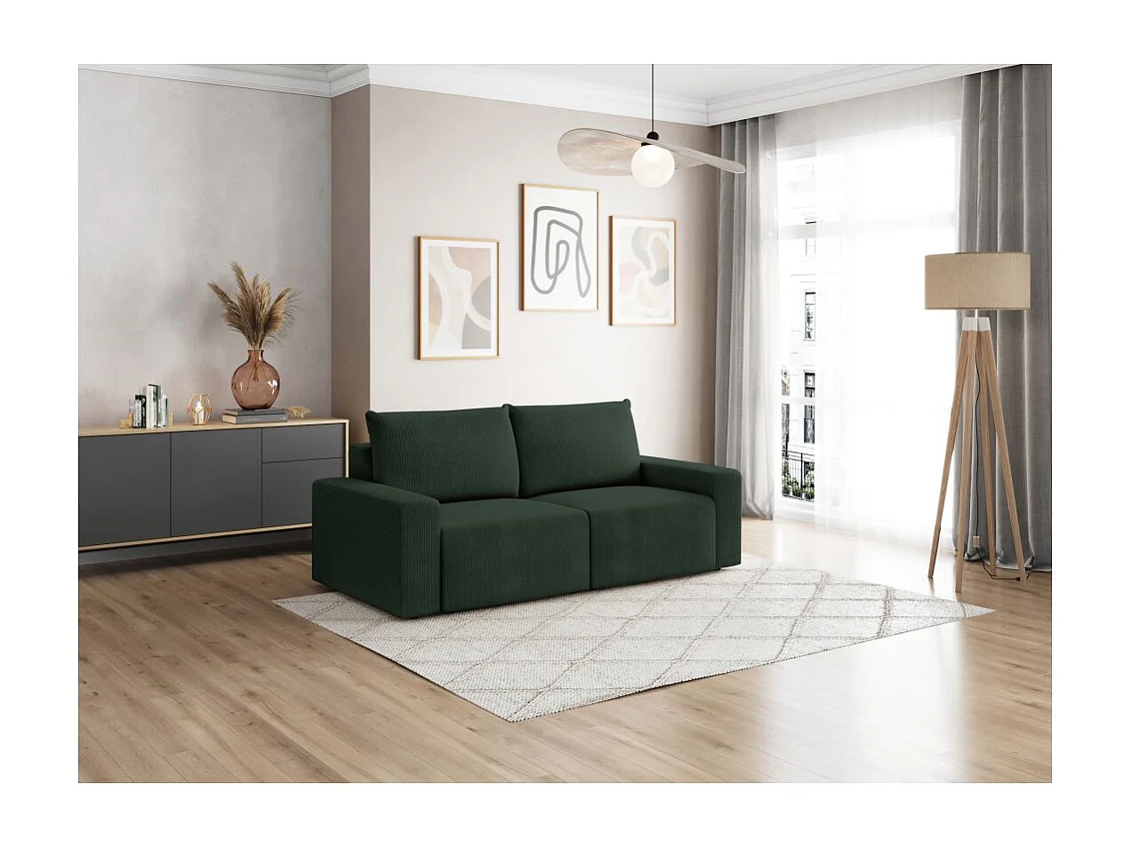 Canapé droit fixe 2 places ROMANE en velours côtelé - Vert foncé