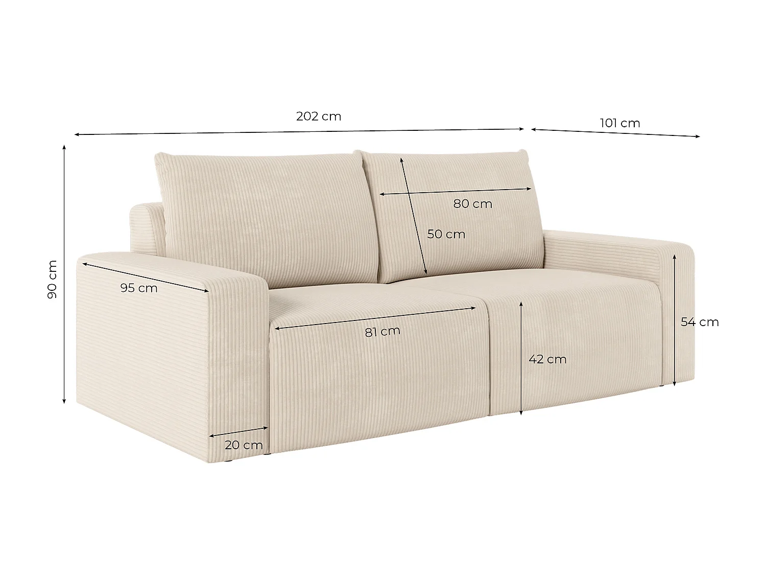 Canapé droit fixe 2 places ROMANE en velours côtelé - Vert foncé