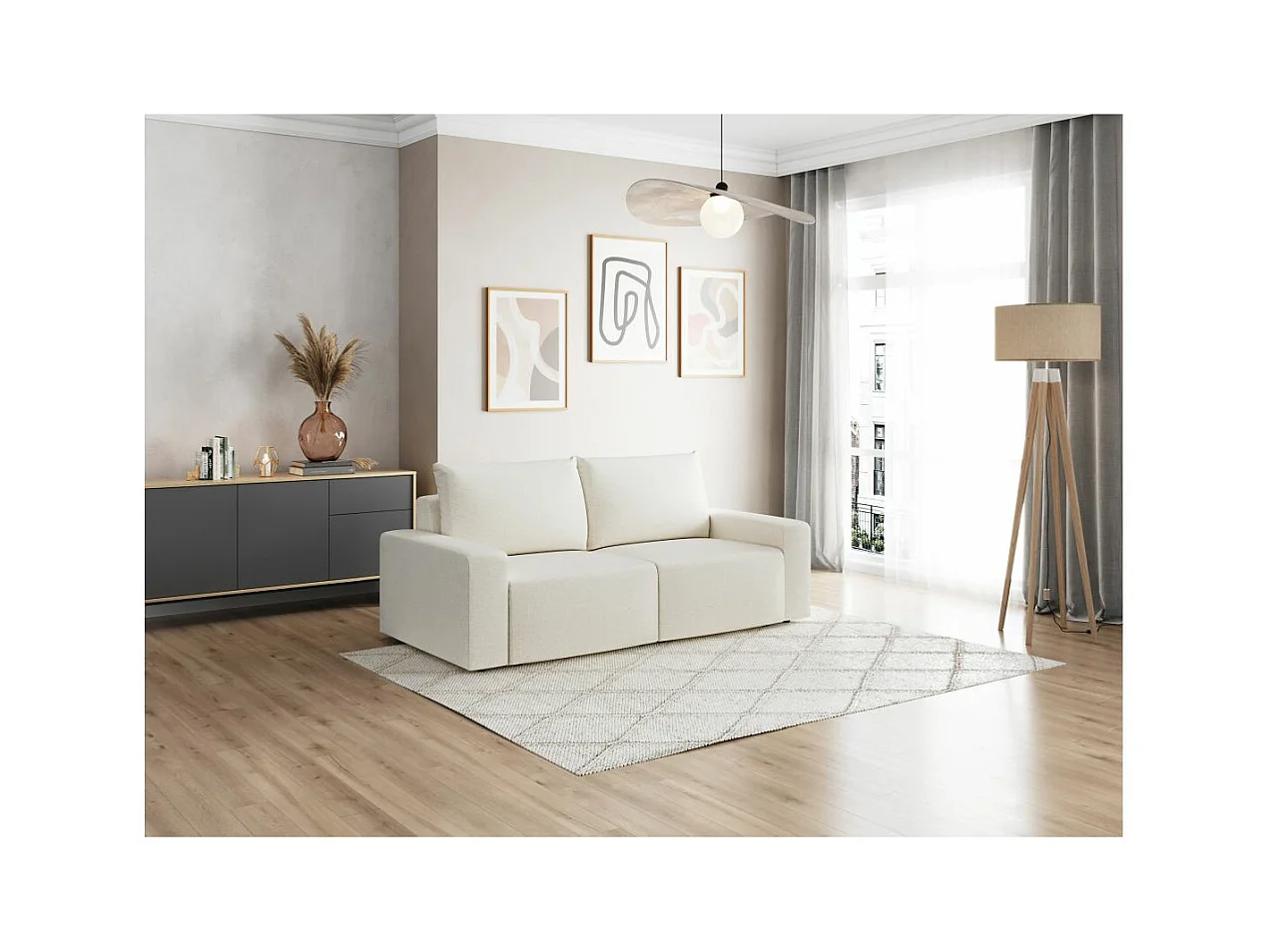 Canapé droit fixe 2 places ROMANE en tissu Easy Clean antitache - Beige