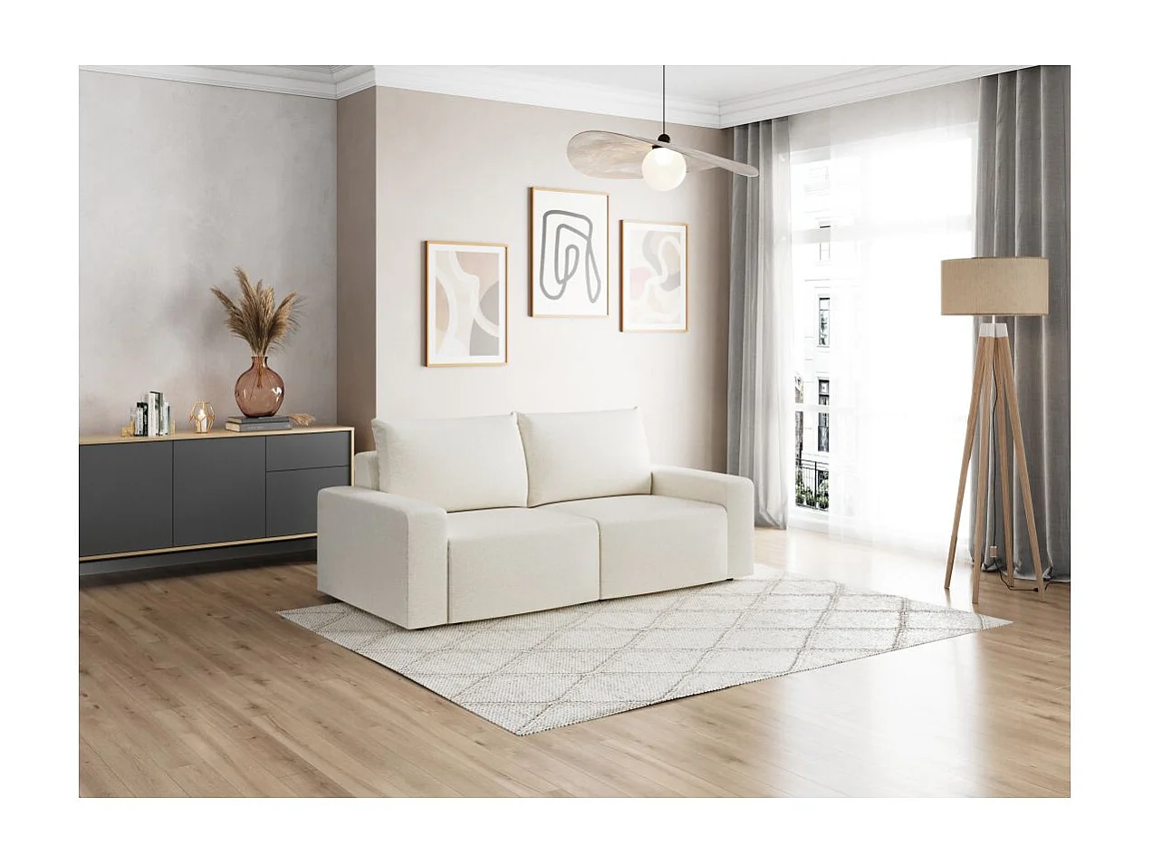 Canapé droit fixe 2 places ROMANE en tissu Easy Clean antitache - Beige