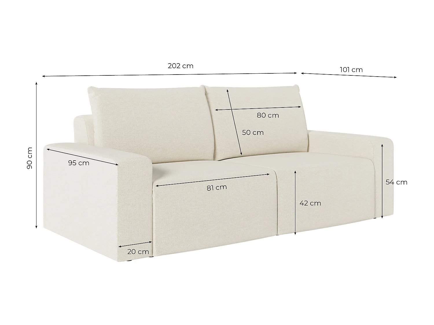 Canapé droit fixe 2 places ROMANE en tissu Easy Clean antitache - Beige
