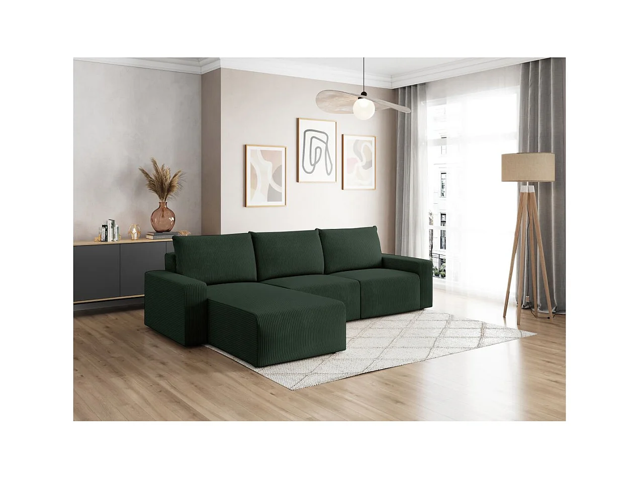 Canapé d'angle réversible 4 places ROMANE en velours côtelé - Vert foncé