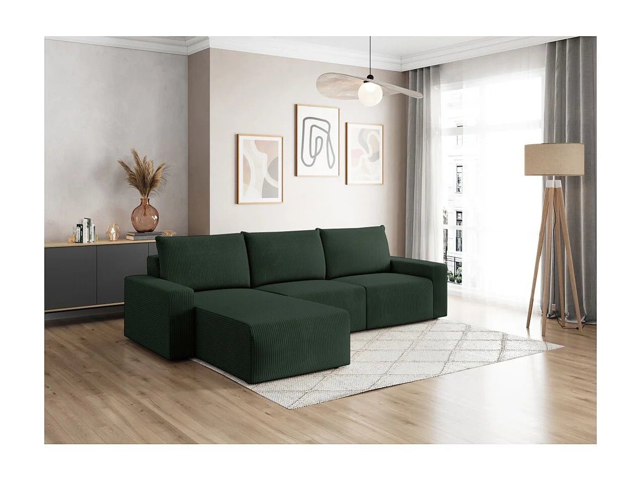 Canapé d'angle réversible 4 places ROMANE en velours côtelé - Vert foncé
