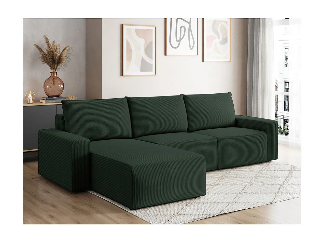 Canapé d'angle réversible 4 places ROMANE en velours côtelé - Vert foncé