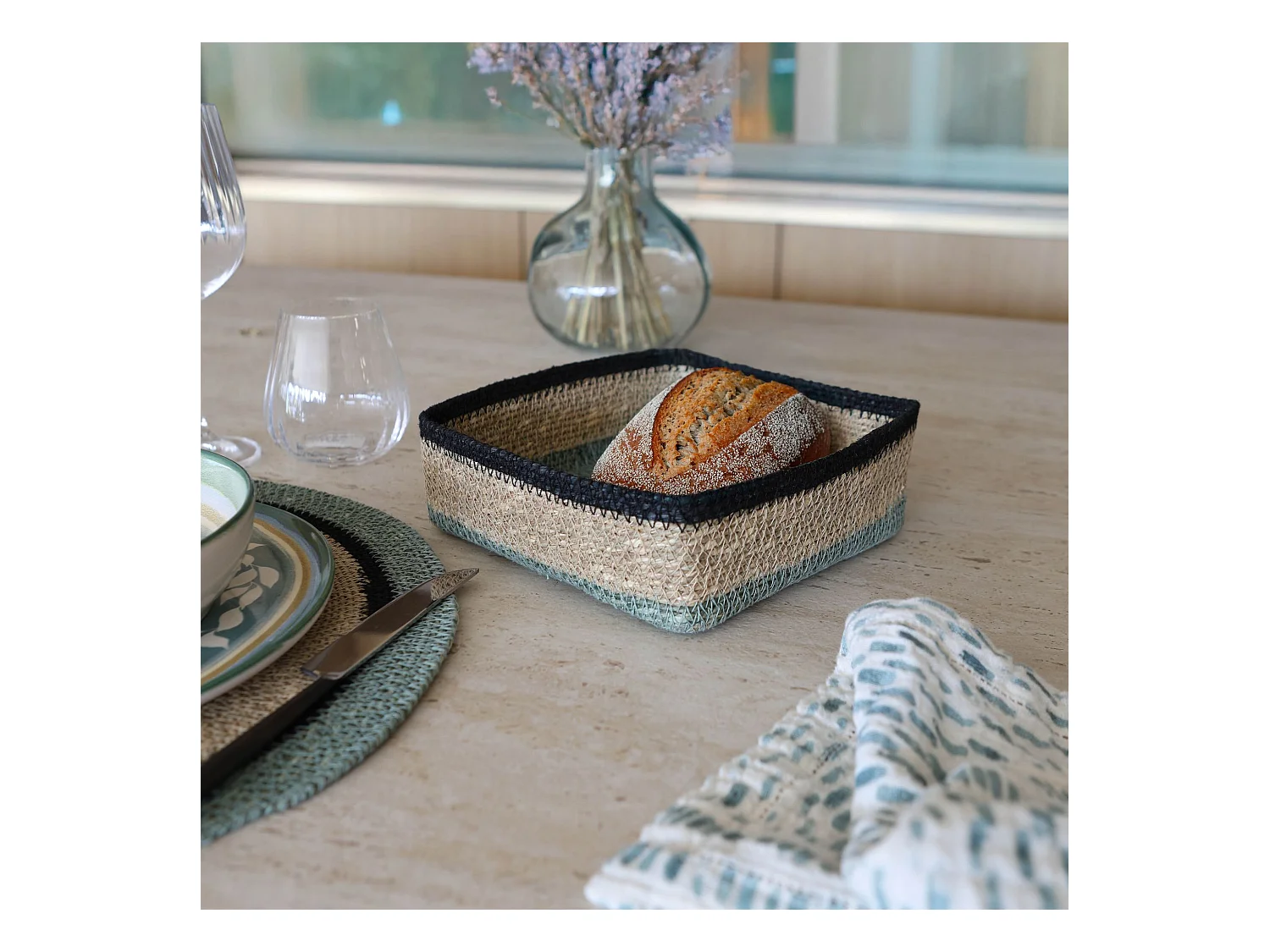 No Name - Panier Carre  20x20cm En Jonc De Mer Naturel Et Vert Dune